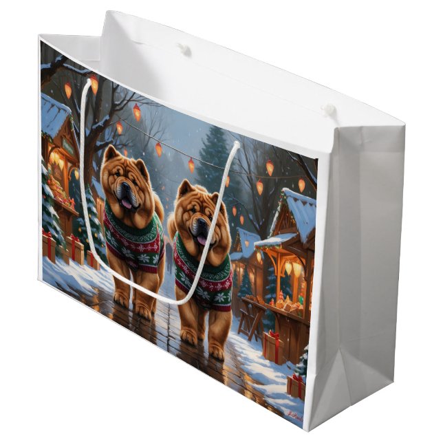 Grand Sac Cadeau Chow Chow Dogs Christmas Snow Holiday  (Devant Angle)