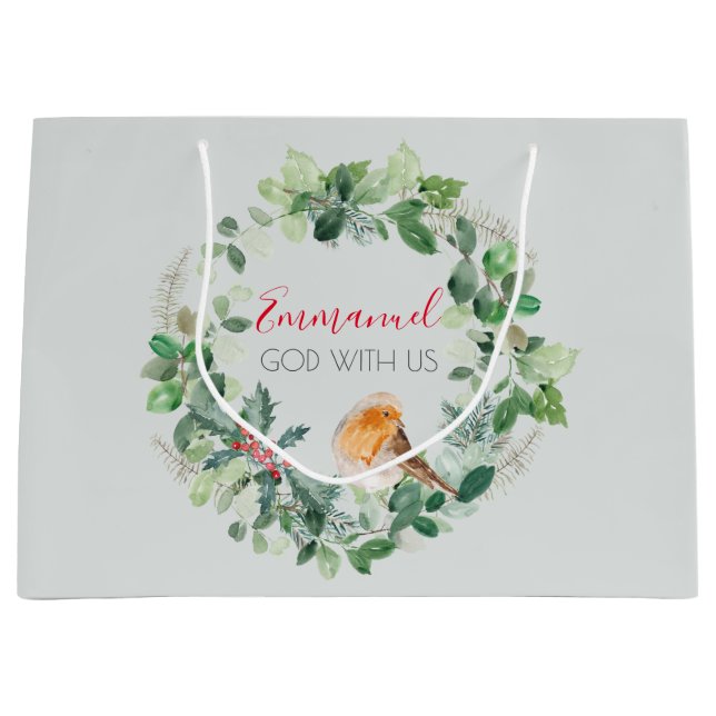 Grand Sac Cadeau Christian Elegant Aquarelle couronne de Noël (Devant)