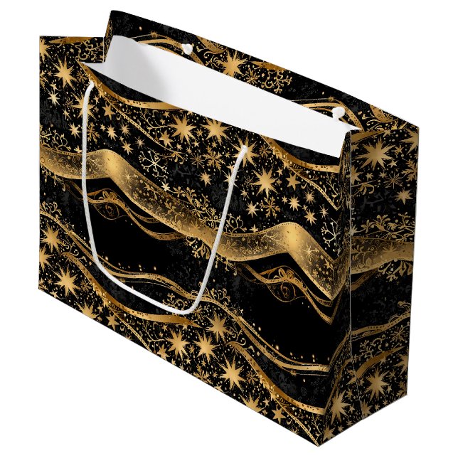 Grand Sac Cadeau Christmas Ribbon & Starry Night Gold Print (Devant Angle)