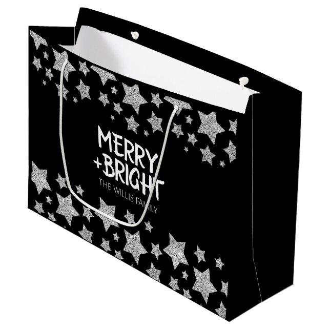 Grand Sac Cadeau Christmas Sparkle Stars Joyeux Nom de famille (Devant Angle)