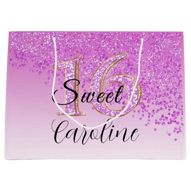 Grand Sac Cadeau Chute Parties scintillant rose douce 16 Anniversai (Devant)