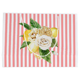 Grand Sac Cadeau Citrons et roses à rayures roses