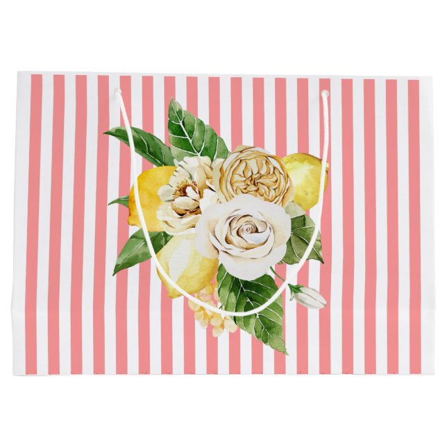 Grand Sac Cadeau Citrons et roses à rayures roses (Dos)