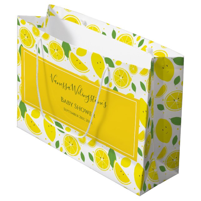 Grand Sac Cadeau Citrons souriants Baby shower jaune blanc vert (Devant Angle)