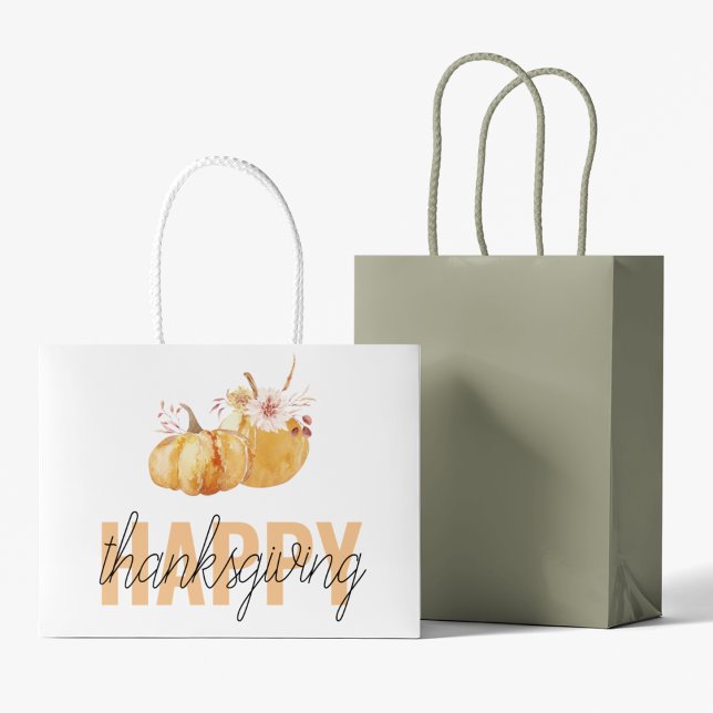 Grand Sac Cadeau Citrouilles d'aquarelle et Bon thanksgiving orange (Créateur téléchargé)