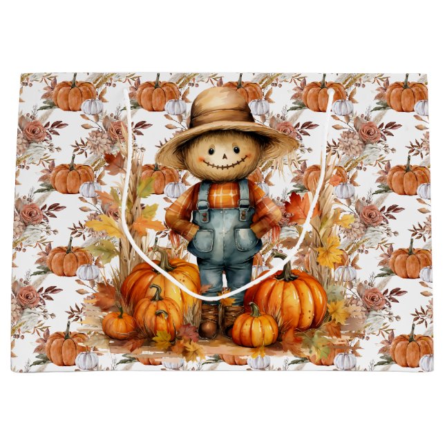 Grand Sac Cadeau Citrouilles d'automne et fleurs (Devant)