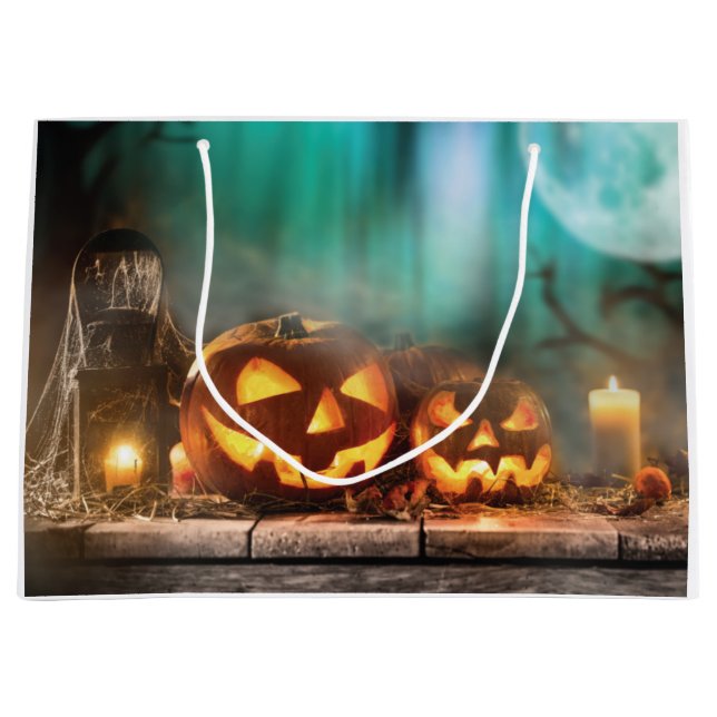Grand Sac Cadeau Citrouilles d'Halloween et chauves-souris (Devant)