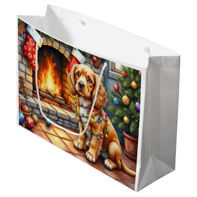 Grand Sac Cadeau Cocker Spaniel by Fireplace with Christmas Lights (Devant Angle)