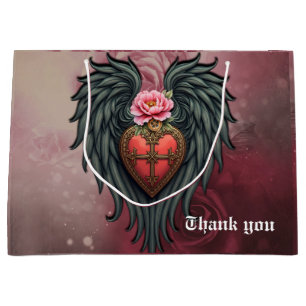 Grand Sac Cadeau Coeur gothique avec Fleur et Ailes.