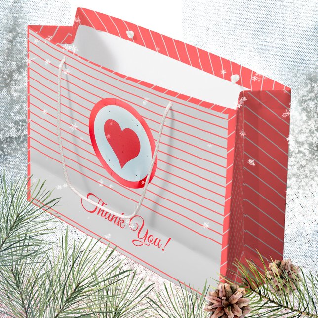 Grand Sac Cadeau Cœur Moderne Rayé Merci (Trendy Modern Big Red Heart Striped Thank You Large Gift Bag ©Susanne Sachers - Sunny Mind Design 🌞)