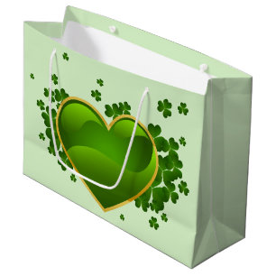 Grand Sac Cadeau Coeur vert doré avec Shamrock