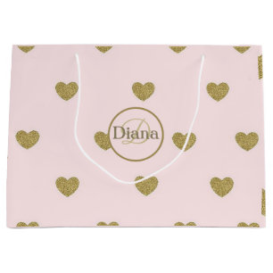 Grand Sac Cadeau Coeurs élégants Blush Pink Monogramme Nom