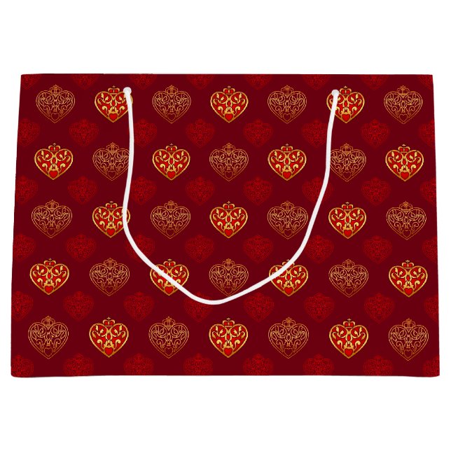 Grand Sac Cadeau Coeurs rouges et dorés de la Couronne (Devant)