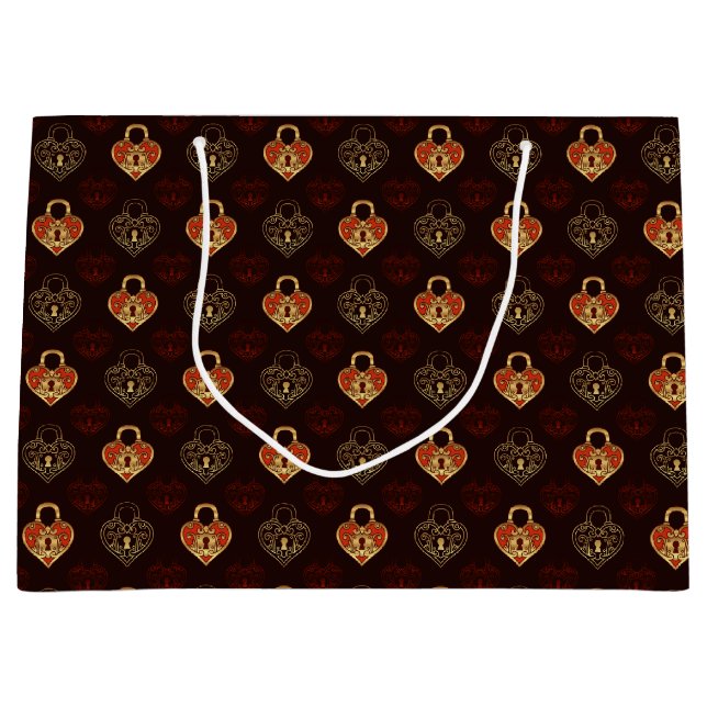 Grand Sac Cadeau Coeurs verrouillés Brown et dorés (Devant)
