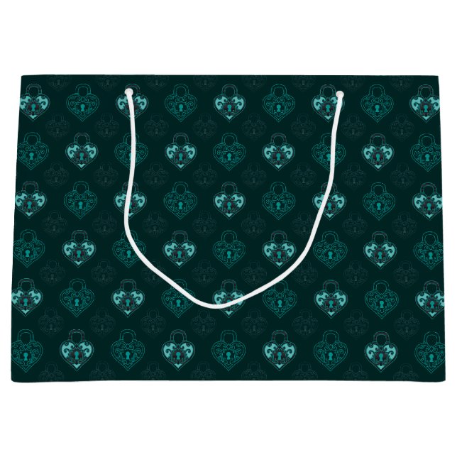Grand Sac Cadeau Coeurs verrouillés turquoises et au carbone (Devant)