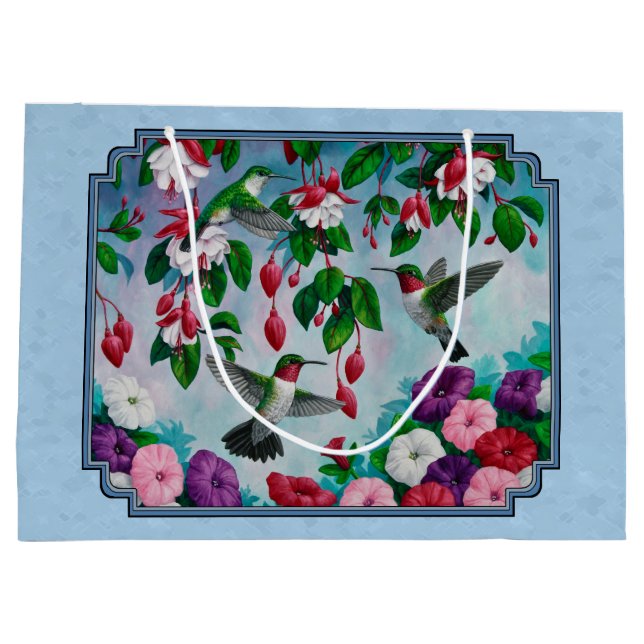 Grand Sac Cadeau Colibris et fleurs bleu (Dos)