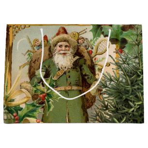 Grand Sac Cadeau Collage de Noël Père Noël vert de l'ancien monde A