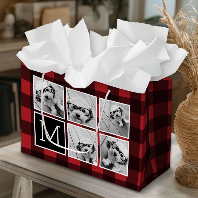 Grand Sac Cadeau Collage de photos - Monogramme Plaid Rouge Noir Bu (Custom Gift Bag)