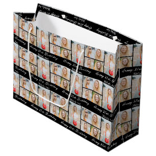 Grand Sac Cadeau Collage photo d'anniversaire chic noir