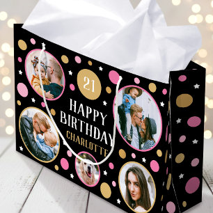 Grand Sac Cadeau Collage photo d'anniversaire tout âge 21 ans rose