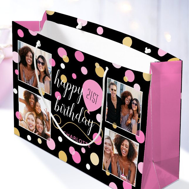 Grand Sac Cadeau Collage photo personnalisé Anniversaire rose (Créateur téléchargé)