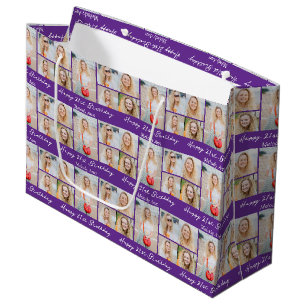 Grand Sac Cadeau Collage photo personnalisé violet joyeux anniversa