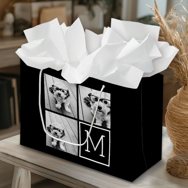 Grand Sac Cadeau Collage photo tendance noir et blanc avec Monogram (Custom Gift Bag)