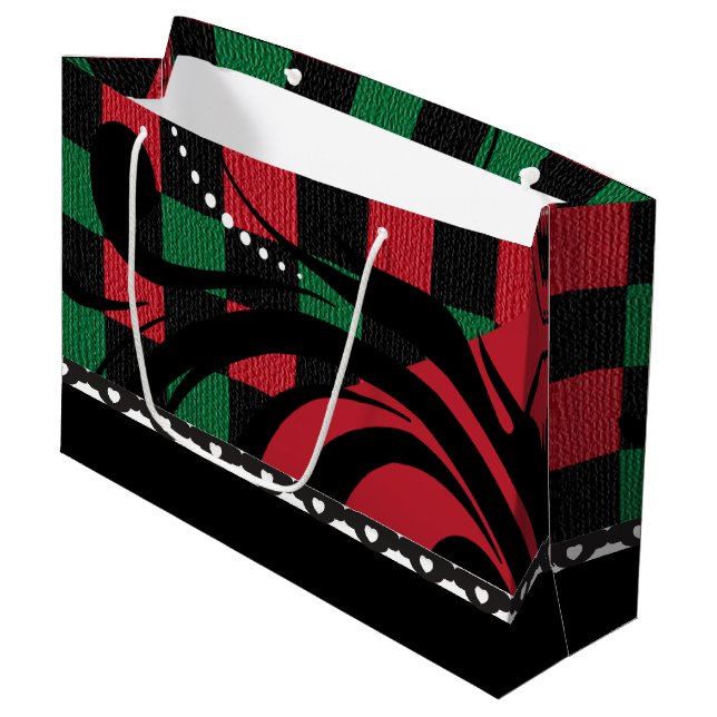 Grand Sac Cadeau Conception À damiers | Noir, rouge et vert (Devant Angle)