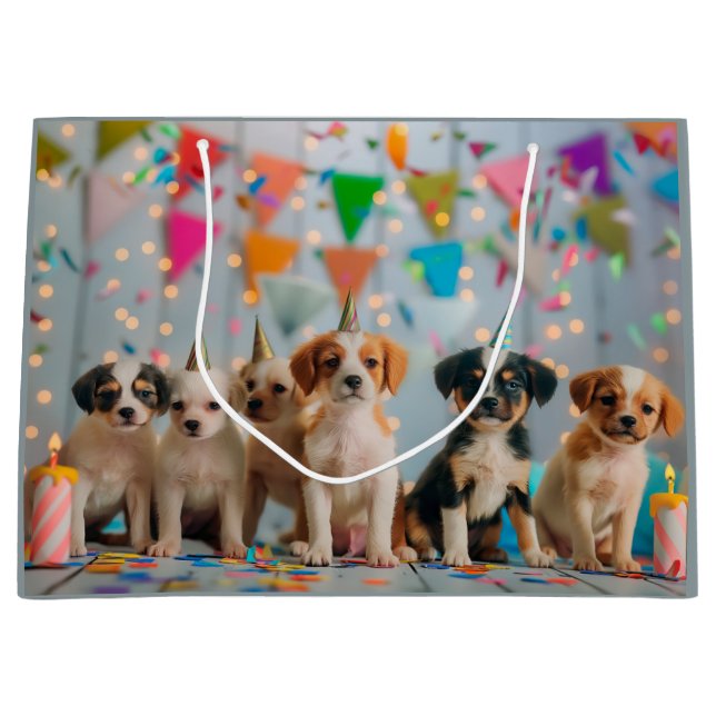 Grand Sac Cadeau Conception de célébration d'anniversaire de chiots (Devant)