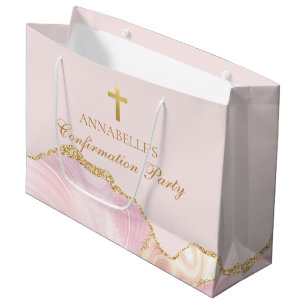 Grand Sac Cadeau Confirmation élégante croix chrétienne rose or
