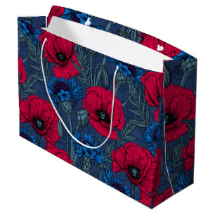 Grand Sac Cadeau Coquelicots rouges et fleurs bleues sur bleu