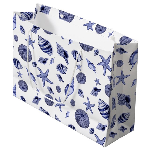 Grand Sac Cadeau Coquillages bleus et blancs (Devant Angle)