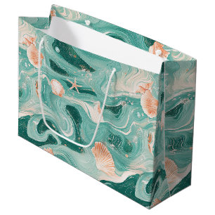 Grand Sac Cadeau Coquillages et Motif de Vagues Océaniques (6)