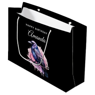 Grand Sac Cadeau Corbeau noir sur une branche Illustration Annivers