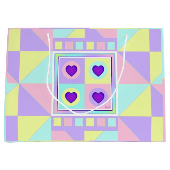 Grand Sac Cadeau Couleurs pastel & coeurs violets battre (Devant)