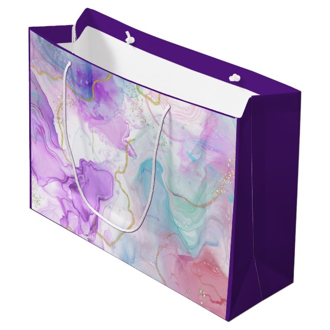 Grand Sac Cadeau Couleurs violettes, vertes, roses, élégantes (Devant Angle)