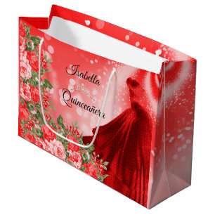 Grand Sac Cadeau Coupe rouge de Quinceañera et fleurs