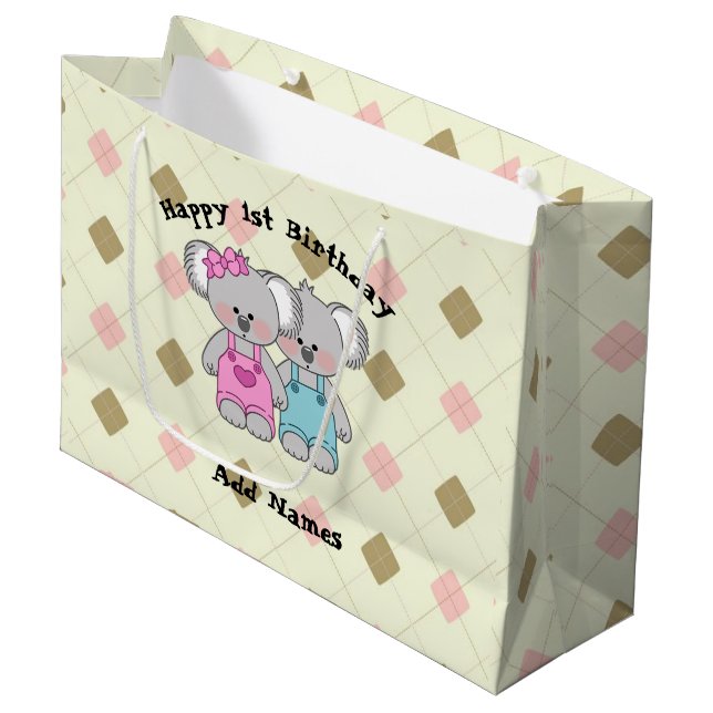 Grand Sac Cadeau Coutume Koala Twins (fille et garçon) (Devant Angle)