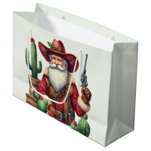 Grand Sac Cadeau Cowboy Père Noël Desert Cactus Pistol