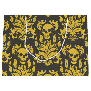 Grand Sac Cadeau Crâne flamme Damas en moody jaune sur gris foncé