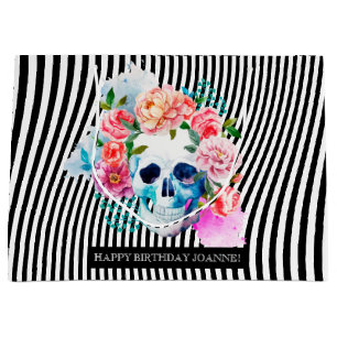 Grand Sac Cadeau Crâne floral d'aquarelle avec des rayures