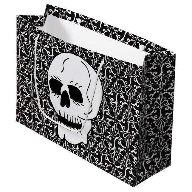 Grand Sac Cadeau Crâne noir blanc Damas rouleaux (Devant Angle)