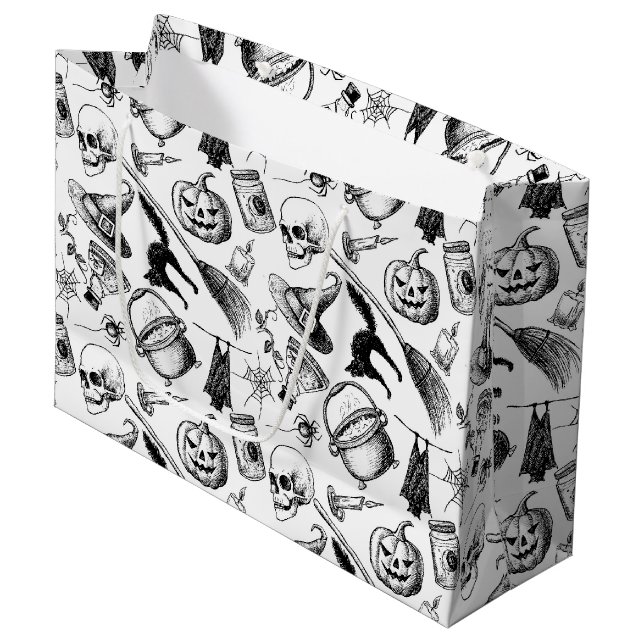 Grand Sac Cadeau Crânes Broomsticks Citrouille Bats Halloween (Devant Angle)