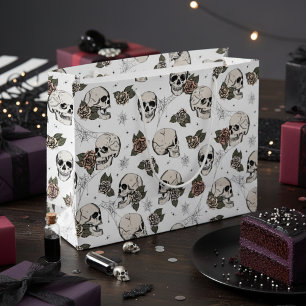 Grand Sac Cadeau Crânes gothiques noirs et blancs et Halloween Rose
