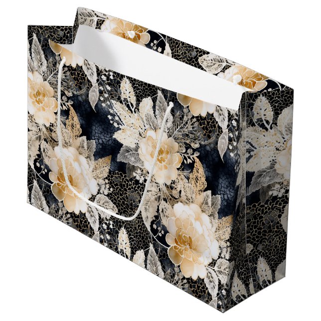 Grand Sac Cadeau Crème noire sauvage Léopard Animal Floral (Devant Angle)
