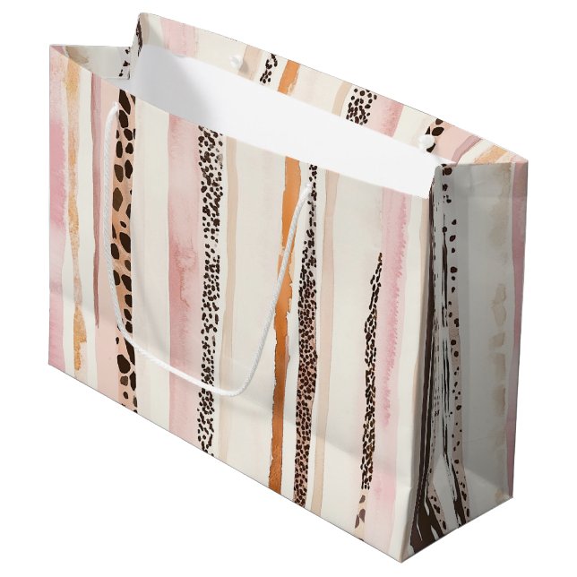 Grand Sac Cadeau Crème rose Empreinte de léopard rayures Anniversai (Devant Angle)
