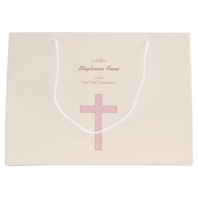 Grand Sac Cadeau Croix de rose en pastel de communion (Devant)