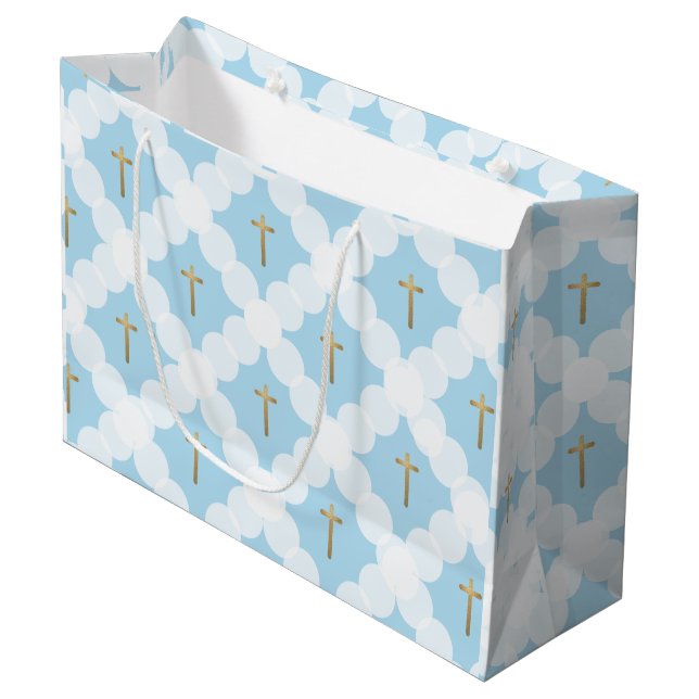 Grand Sac Cadeau Croix d'or bleu Baptême moderne (Devant Angle)