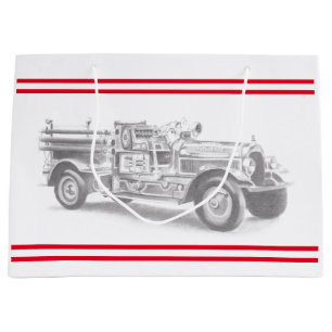 Grand Sac Cadeau croquis au crayon de camion de pompiers vintage de