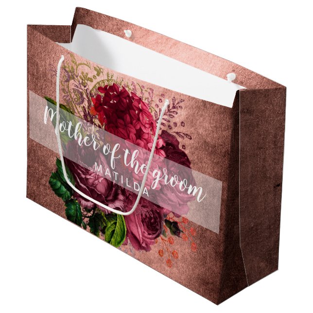 Grand Sac Cadeau Cuivre rose or fleuri mère du marié (Devant Angle)